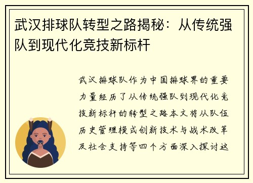 武汉排球队转型之路揭秘：从传统强队到现代化竞技新标杆